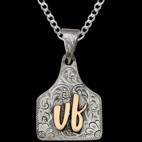 The Jersey Cow Tag Necklace boasts a hand engraved German Silver base personalized with your unique initials, ranch brand or custom logo. Pair it with a special discount sterling silver chain! 